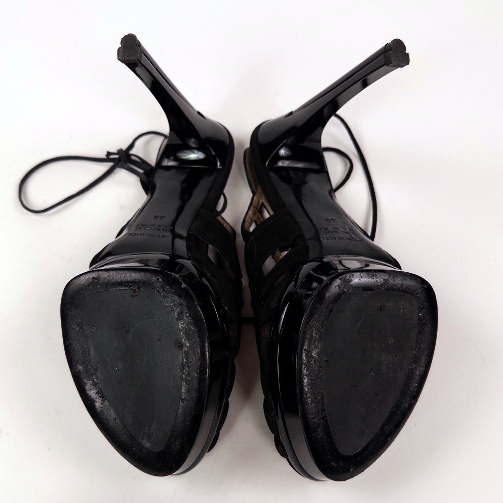 Bruno Magli Empress Black Suede Lace-Up Platform Heels Sandals Sz 38 w/ Box - Picture 9 of 11